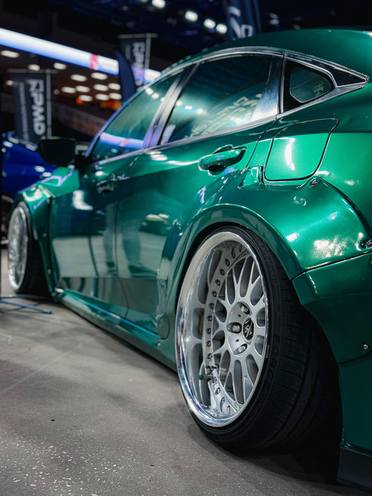 Honda Civic 10th Gen FC1 FC2 FC5 FC6 2016 2017 2018 2019 2020 2021 & Civic 10th Gen FK7 2017 2018 2019 2020 2021 (compatible with both OEM bumper and ROBOT CRAFTSMAN bumper, fits FK7 Hatchback although panel line is slightly different) with Aftermarket Parts - Widebody Wheel Arches Fender Flares Carbon Fiber / FRP from Robot Craftsman