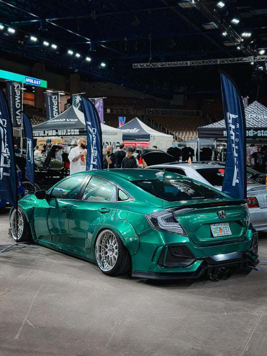 Honda Civic 10th Gen FC1 FC2 FC5 FC6 2016 2017 2018 2019 2020 2021 & Civic 10th Gen FK7 2017 2018 2019 2020 2021 (compatible with both OEM bumper and ROBOT CRAFTSMAN bumper, fits FK7 Hatchback although panel line is slightly different) with Aftermarket Parts - Widebody Wheel Arches Fender Flares Carbon Fiber / FRP from Robot Craftsman