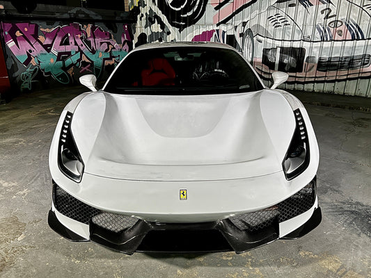Ferrari 488 GTB & Spider with Aftermarket Parts - 1:1 Pista Style Front Bumper Pre-preg Carbon Fiber / FRP from Aero Republic
