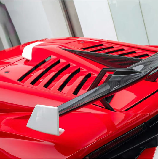 Lamborghini Huracan STO 2021 2022 2023 2024 with Aftermarket Parts - 1:1 STO OEM Style Rear Engine Bay Vent Trim & Rear Engine Bay Canard & Rear Engine Cover Pre-preg Carbon Fiber / FRP from Aero Republic