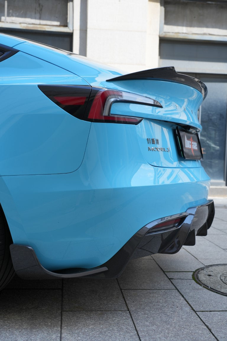 Tesla Model 3 Highland / Performance 2024-ON with Aftermarket Parts - V2 Style Rear Spoiler Pre-preg Carbon Fiber from BCTXE Tuning