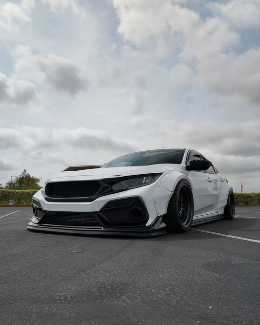 Honda Civic 10th Gen FC1 FC2 FC5 FC6 2016 2017 2018 2019 2020 2021 & Civic 10th Gen FK7 2017 2018 2019 2020 2021 (compatible with both OEM bumper and ROBOT CRAFTSMAN bumper, fits FK7 Hatchback although panel line is slightly different) with Aftermarket Parts - Widebody Wheel Arches Fender Flares Carbon Fiber / FRP from Robot Craftsman