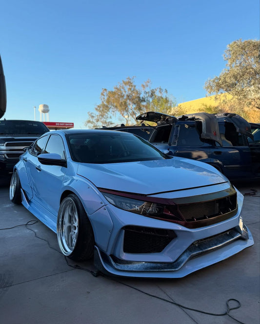 Honda Civic 10th Gen FC1 FC2 FC5 FC6 2016 2017 2018 2019 2020 2021 & Civic 10th Gen FK7 2017 2018 2019 2020 2021 (compatible with both OEM bumper and ROBOT CRAFTSMAN bumper, fits FK7 Hatchback although panel line is slightly different) with Aftermarket Parts - Widebody Wheel Arches Fender Flares Carbon Fiber / FRP from Robot Craftsman