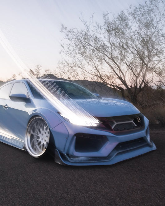 Honda Civic 10th Gen FC1 FC2 FC5 FC6 2016 2017 2018 2019 2020 2021 & Civic 10th Gen FK7 2017 2018 2019 2020 2021 (compatible with both OEM bumper and ROBOT CRAFTSMAN bumper, fits FK7 Hatchback although panel line is slightly different) with Aftermarket Parts - Widebody Wheel Arches Fender Flares Carbon Fiber / FRP from Robot Craftsman