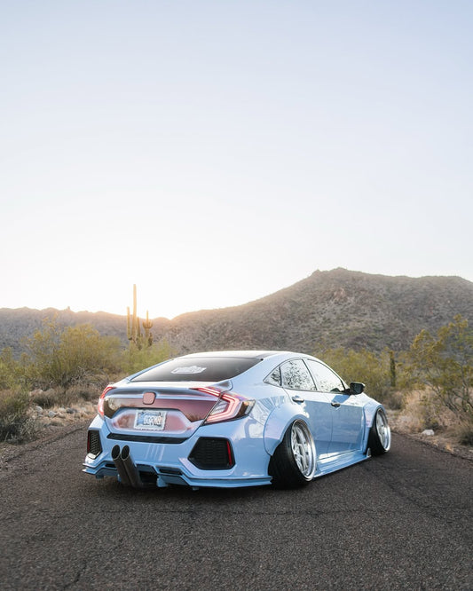 Honda Civic 10th Gen FC1 FC2 FC5 FC6 2016 2017 2018 2019 2020 2021 & Civic 10th Gen FK7 2017 2018 2019 2020 2021 (compatible with both OEM bumper and ROBOT CRAFTSMAN bumper, fits FK7 Hatchback although panel line is slightly different) with Aftermarket Parts - Widebody Wheel Arches Fender Flares Carbon Fiber / FRP from Robot Craftsman