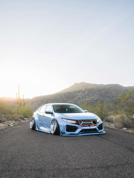 Honda Civic 10th Gen FC1 FC2 FC5 FC6 2016 2017 2018 2019 2020 2021 & Civic 10th Gen FK7 2017 2018 2019 2020 2021 (compatible with both OEM bumper and ROBOT CRAFTSMAN bumper, fits FK7 Hatchback although panel line is slightly different) with Aftermarket Parts - Widebody Wheel Arches Fender Flares Carbon Fiber / FRP from Robot Craftsman