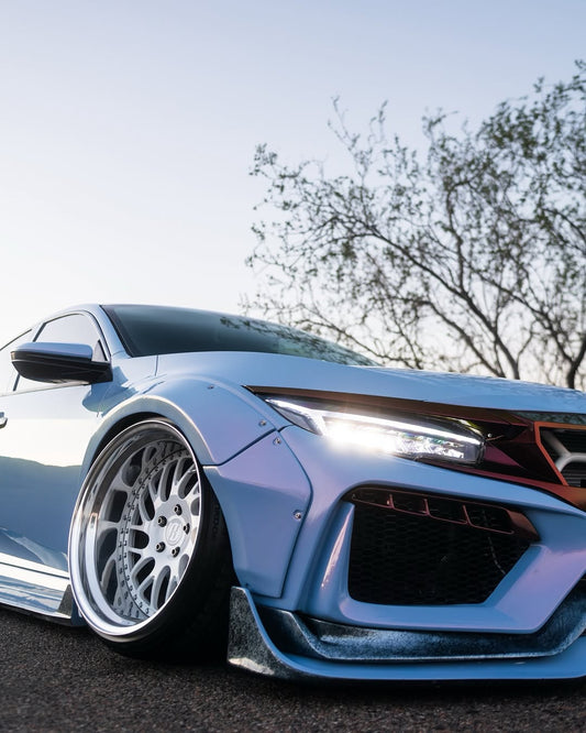 Honda Civic 10th Gen FC1 FC2 FC5 FC6 2016 2017 2018 2019 2020 2021 & Civic 10th Gen FK7 2017 2018 2019 2020 2021 (compatible with both OEM bumper and ROBOT CRAFTSMAN bumper, fits FK7 Hatchback although panel line is slightly different) with Aftermarket Parts - Widebody Wheel Arches Fender Flares Carbon Fiber / FRP from Robot Craftsman