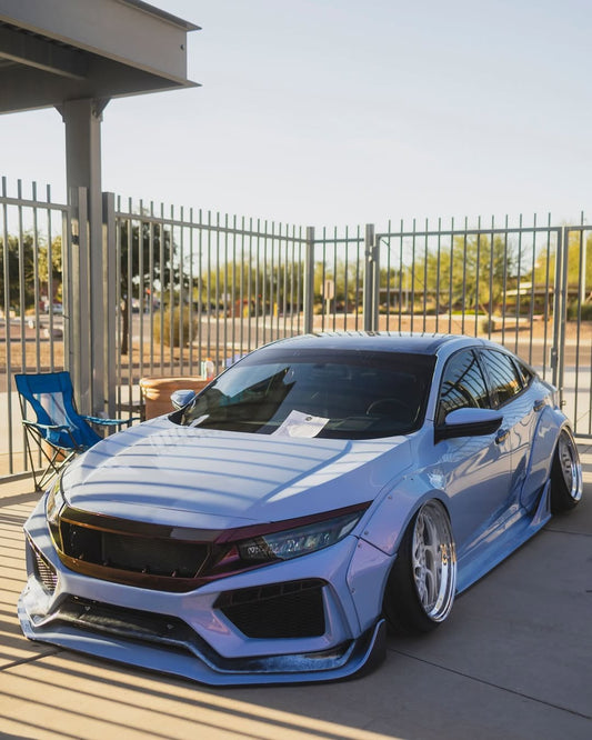 Honda Civic 10th Gen FC1 FC2 FC5 FC6 2016 2017 2018 2019 2020 2021 & Civic 10th Gen FK7 2017 2018 2019 2020 2021 (compatible with both OEM bumper and ROBOT CRAFTSMAN bumper, fits FK7 Hatchback although panel line is slightly different) with Aftermarket Parts - Widebody Wheel Arches Fender Flares Carbon Fiber / FRP from Robot Craftsman