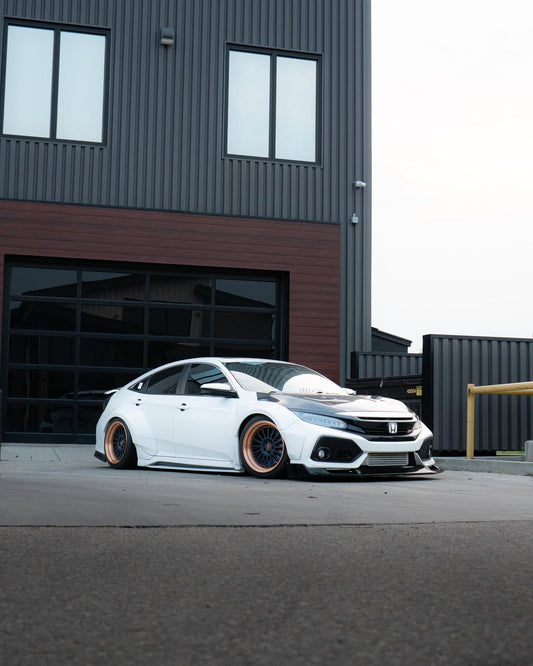 Honda Civic 10th Gen FC1 FC2 FC5 FC6 2016 2017 2018 2019 2020 2021 & Civic 10th Gen FK7 2017 2018 2019 2020 2021 (compatible with both OEM bumper and ROBOT CRAFTSMAN bumper, fits FK7 Hatchback although panel line is slightly different) with Aftermarket Parts - Widebody Wheel Arches Fender Flares Carbon Fiber / FRP from Robot Craftsman