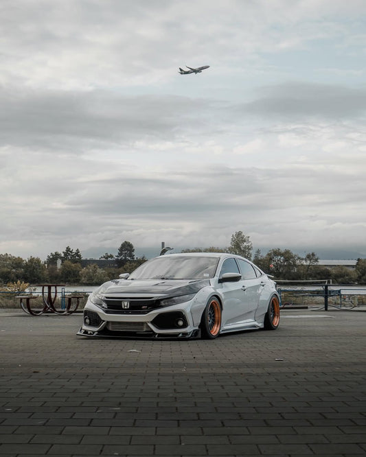 Honda Civic 10th Gen FC1 FC2 FC5 FC6 2016 2017 2018 2019 2020 2021 & Civic 10th Gen FK7 2017 2018 2019 2020 2021 (compatible with both OEM bumper and ROBOT CRAFTSMAN bumper, fits FK7 Hatchback although panel line is slightly different) with Aftermarket Parts - Widebody Wheel Arches Fender Flares Carbon Fiber / FRP from Robot Craftsman