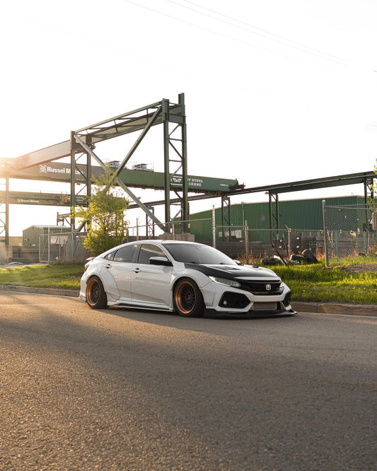 Honda Civic 10th Gen FC1 FC2 FC5 FC6 2016 2017 2018 2019 2020 2021 & Civic 10th Gen FK7 2017 2018 2019 2020 2021 (compatible with both OEM bumper and ROBOT CRAFTSMAN bumper, fits FK7 Hatchback although panel line is slightly different) with Aftermarket Parts - Widebody Wheel Arches Fender Flares Carbon Fiber / FRP from Robot Craftsman