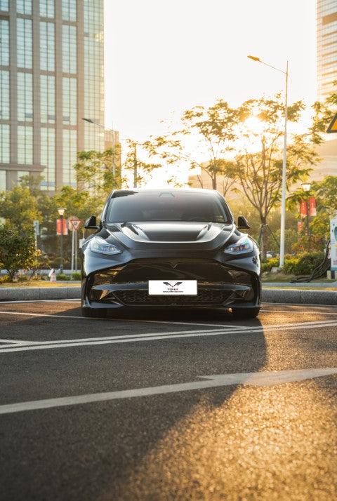 Tesla Model Y / Performance 2021 2022 2023 2024 with Aftermarket Parts - Loong Flames Style Hood Bonnet Pre-preg Carbon Fiber from Yofer USA
