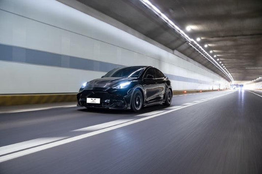 Tesla Model Y / Performance 2021 2022 2023 2024 with Aftermarket Parts - Loong Flames Style Hood Bonnet Pre-preg Carbon Fiber from Yofer USA