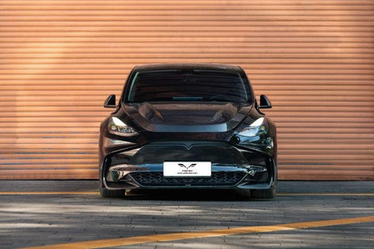 Tesla Model Y / Performance 2021 2022 2023 2024 with Aftermarket Parts - Loong Flames Style Hood Bonnet Pre-preg Carbon Fiber from Yofer USA