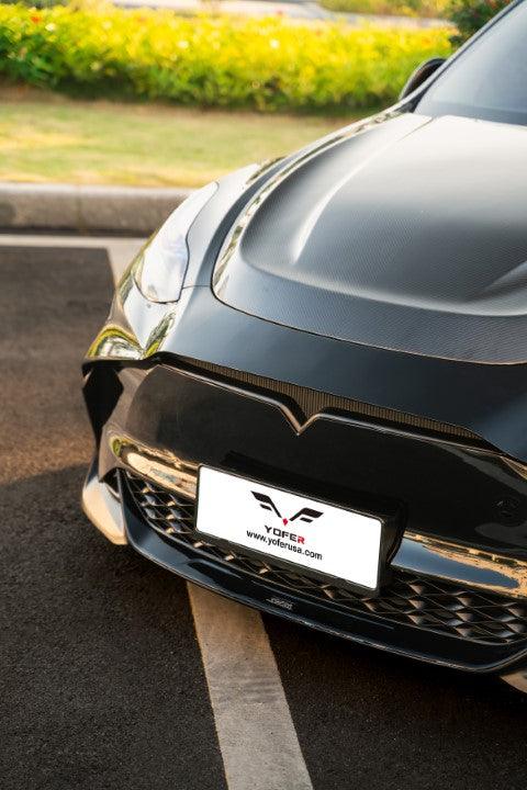 Tesla Model Y / Performance 2021 2022 2023 2024 with Aftermarket Parts - Loong Flames Style Hood Bonnet Pre-preg Carbon Fiber from Yofer USA