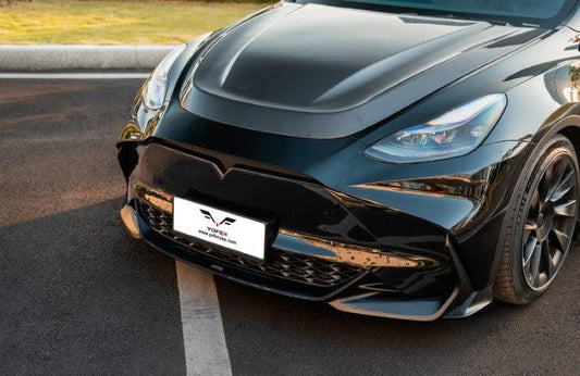 Tesla Model Y / Performance 2021 2022 2023 2024 with Aftermarket Parts - Loong Flames Style Hood Bonnet Pre-preg Carbon Fiber from Yofer USA