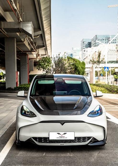 Tesla Model Y / Performance 2021 2022 2023 2024 with Aftermarket Parts - Loong Flames Style Hood Bonnet Pre-preg Carbon Fiber from Yofer USA