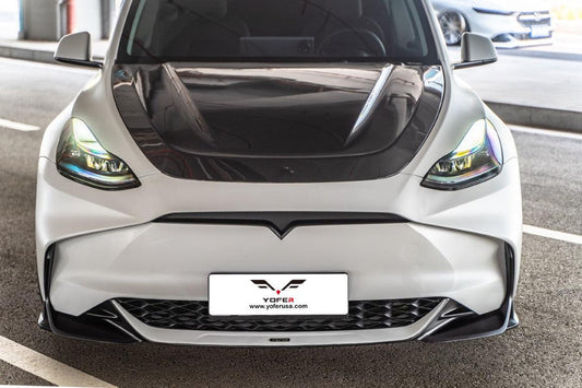 Tesla Model Y / Performance 2021 2022 2023 2024 with Aftermarket Parts - Loong Flames Style Hood Bonnet Pre-preg Carbon Fiber from Yofer USA