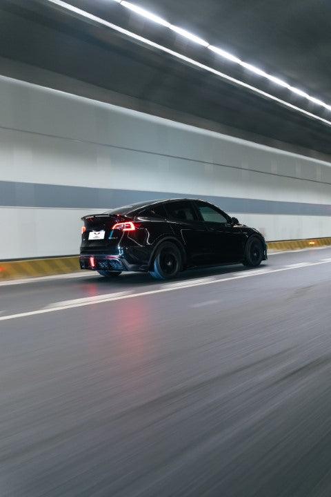 Tesla Model Y / Performance 2021 2022 2023 2024 with Aftermarket Parts - Loong Flames Style Rear Spoiler Wing Carbon Fiber from Yofer USA