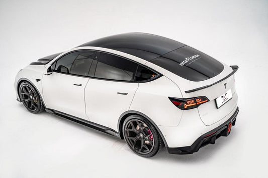 Tesla Model Y / Performance 2021 2022 2023 2024 with Aftermarket Parts - Loong Flames Style Rear Spoiler Wing Carbon Fiber from Yofer USA