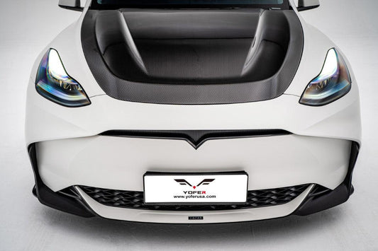 Tesla Model Y / Performance 2021 2022 2023 2024 with Aftermarket Parts - Loong Flames Style Hood Bonnet Pre-preg Carbon Fiber from Yofer USA