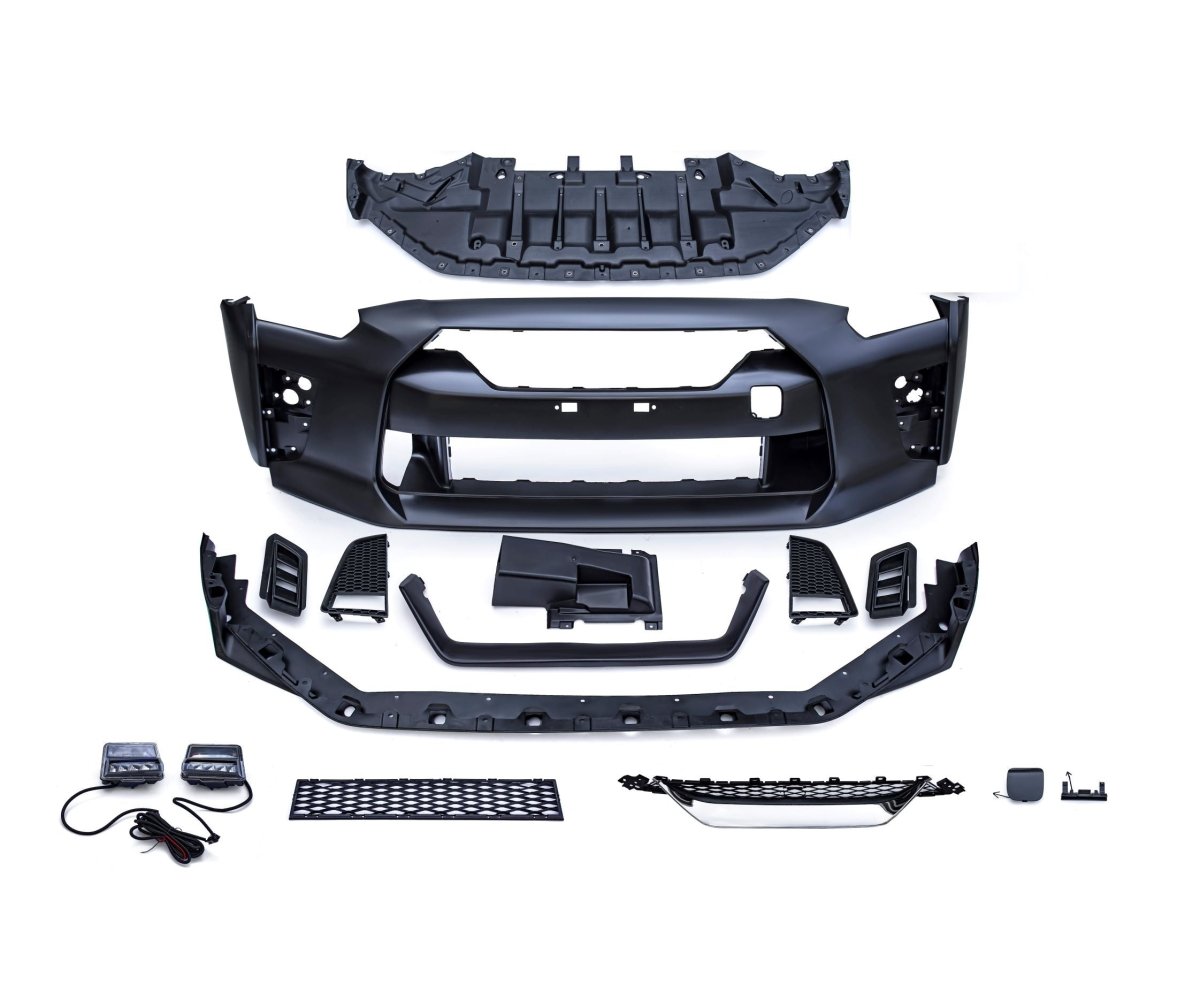 Nissan GTR Nismo T-Spec Black Edition Track Eidtion Premium Pure 2008-2023 (recommened 2017-2024 hood for 2008-2016 cars) with Aftermarket Parts - Facelift Conversion Style Front Bumper Set Polypropylene from CMST Tuning