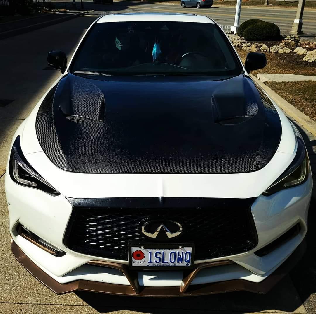 Infiniti Q60 Red Sport 400 Premium Luxe Sport Pure 2017 2018 2019 2020 2021 2022 with Aftermarket Parts - Project Black S Concept Hood Bonnet Carbon Fiber / FRP from CMST Tuning