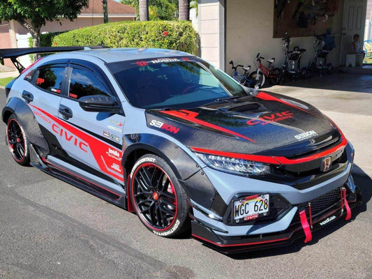 Honda Civic 10th Gen FC1 FC2 FC5 FC6 2016 2017 2018 2019 2020 2021 & Civic 10th Gen FK7 2017 2018 2019 2020 2021 (compatible with both OEM bumper and ROBOT CRAFTSMAN bumper, fits FK7 Hatchback although panel line is slightly different) with Aftermarket Parts - Widebody Wheel Arches Fender Flares Carbon Fiber / FRP from Robot Craftsman