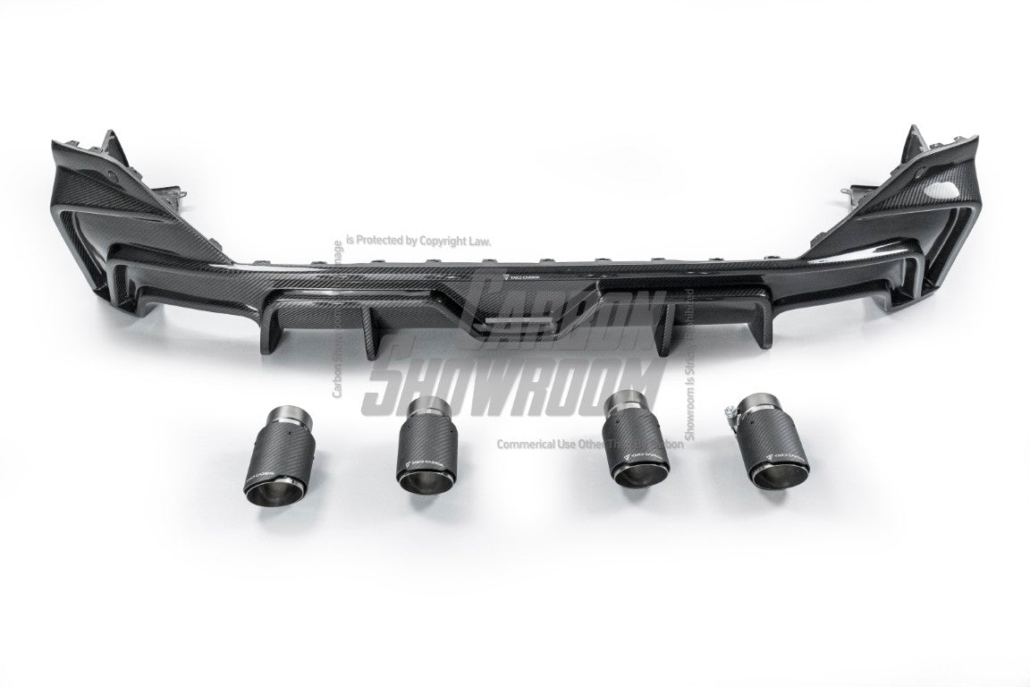 BMW 5 Series 530 540 (with M-package bumper, does not fit base model) G60 G61 2024-ON with Aftermarket Parts - V1 Style Rear Diffuser (Quad Exhaust Tips Included) Pre-preg Carbon Fiber from TAKD Carbon