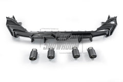 BMW 5 Series 530 540 (with M-package bumper, does not fit base model) G60 G61 2024-ON with Aftermarket Parts - V1 Style Rear Diffuser (Quad Exhaust Tips Included) Pre-preg Carbon Fiber from TAKD Carbon