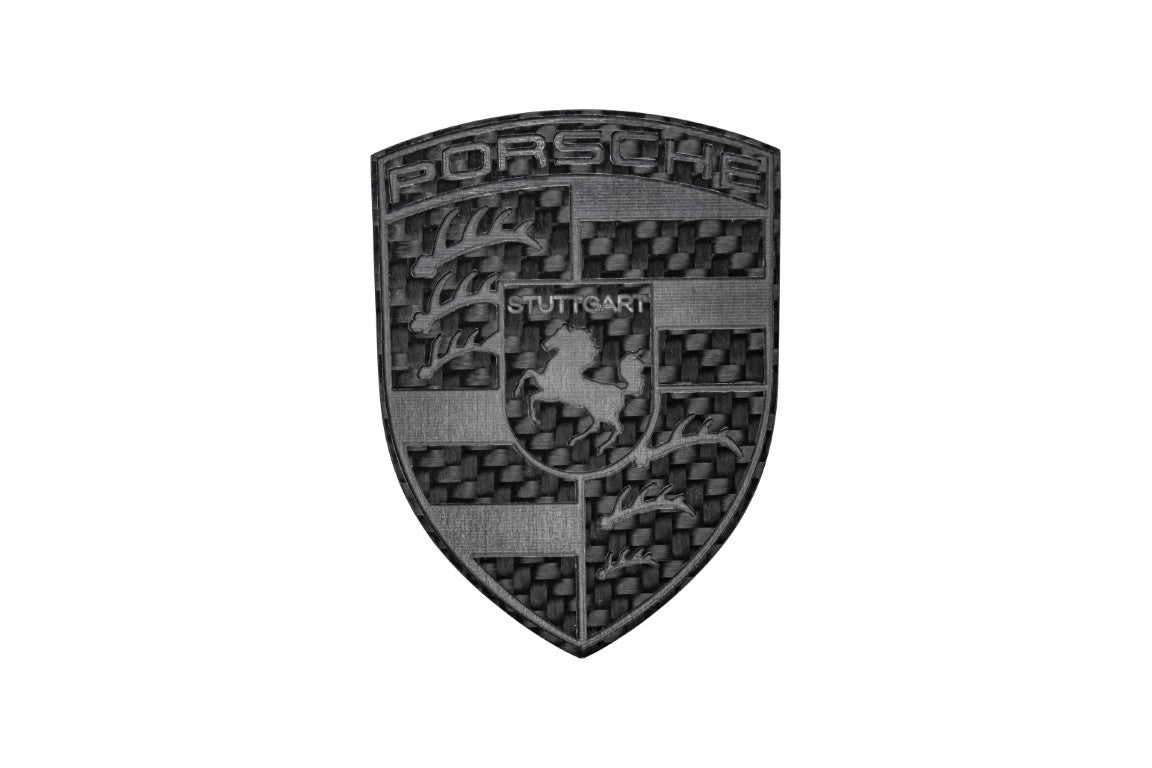 Porsche Style Crest Emblem Badge - Blacked Out Carbon Fiber