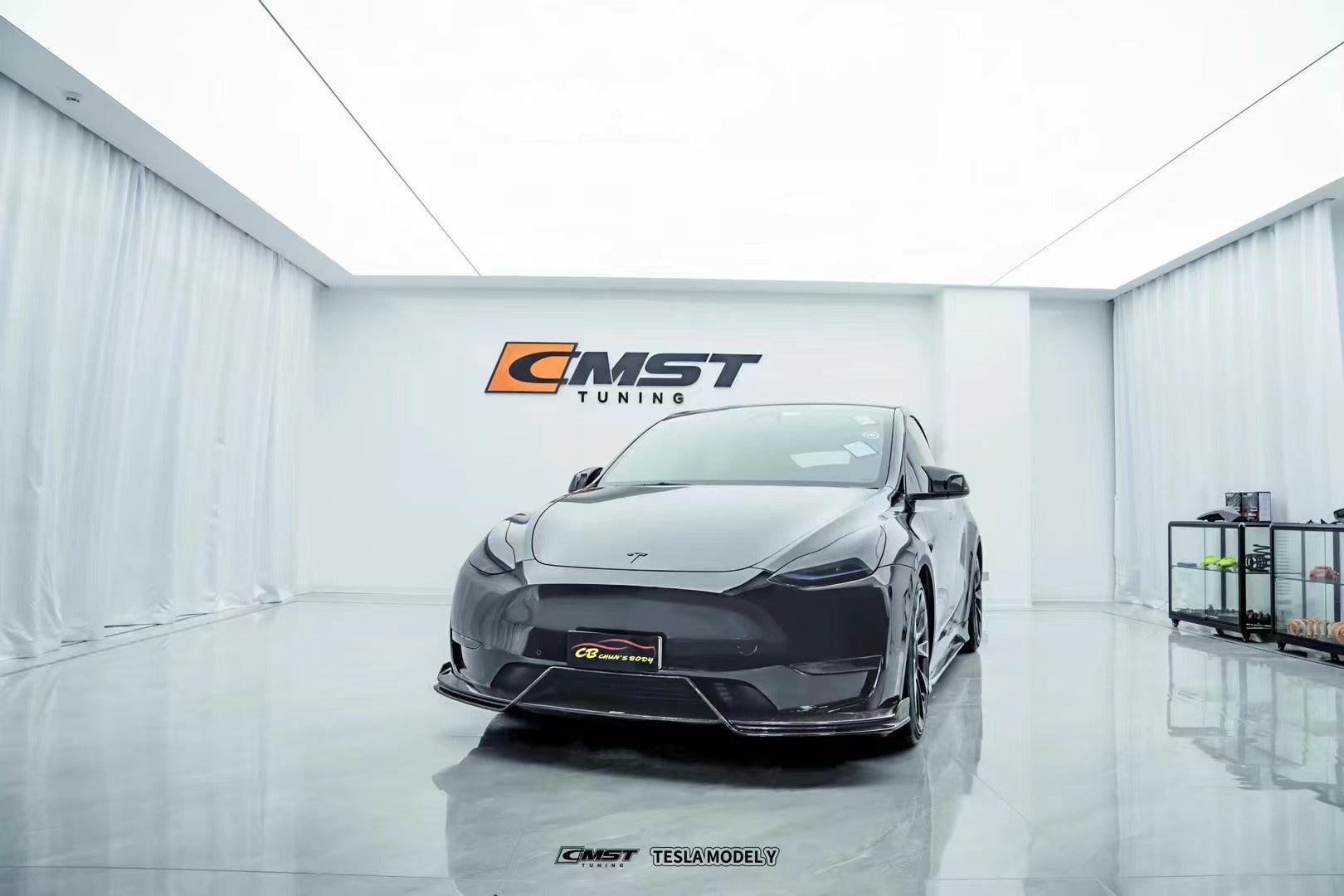 Tesla Model Y Performance AWD Long Range RWD Standard 2020-ON with Aftermarket Parts - V5 Style Front Lip Splitter Carbon Fiber / FRP from CMST Tuning