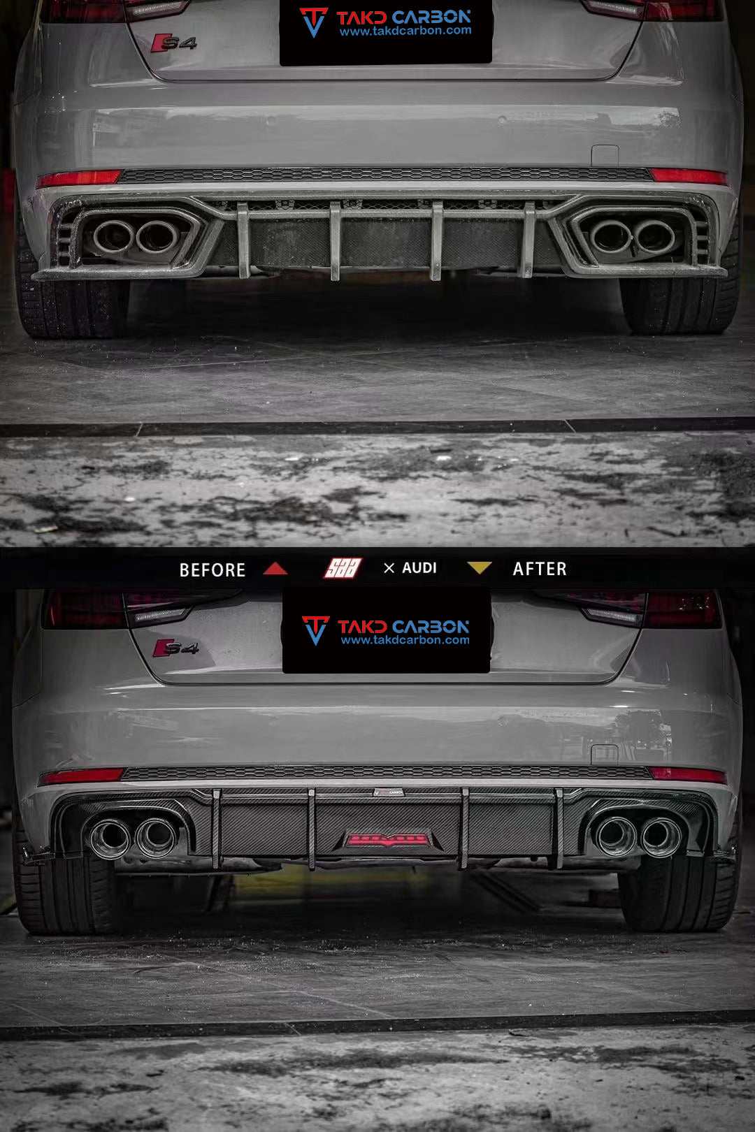 Audi S4 A4 S-line (with s-line bumper) B9 2017 2018 2019 with Aftermarket Parts - Rear Diffuser Pre-preg Carbon Fiber from TAKD Carbon
