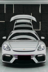 Porsche 718 982 Cayman & Boxster (Base / T / S / GTS / GT4 / Spyder) 2017 2018 2019 2020 2021 2022 2023 2024 2025 with Aftermarket Parts - GT4RS Conversion Style PP Front Bumper & Lip & Valances (with & without GT4 Logo) PP Polypropylene / Dry Pre-preg Carbon Fiber from Dupont Tech