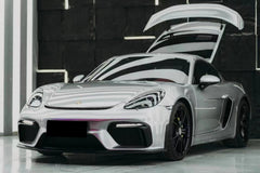 Porsche 718 982 Cayman & Boxster (Base / T / S / GTS / GT4 / Spyder) 2017 2018 2019 2020 2021 2022 2023 2024 2025 with Aftermarket Parts - GT4RS Conversion Style PP Front Bumper & Lip & Valances (with & without GT4 Logo) PP Polypropylene / Dry Pre-preg Carbon Fiber from Dupont Tech
