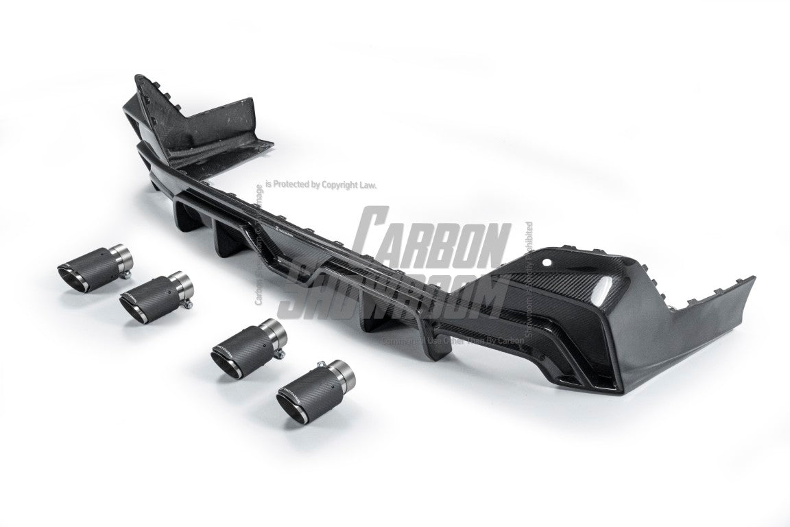 BMW 5 Series 530 540 (with M-package bumper, does not fit base model) G60 G61 2024-ON with Aftermarket Parts - V1 Style Rear Diffuser (Quad Exhaust Tips Included) Pre-preg Carbon Fiber from TAKD Carbon