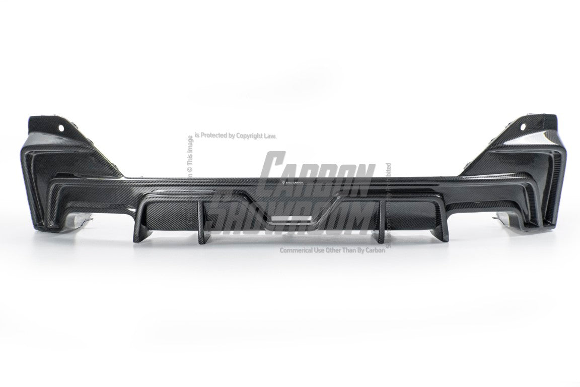 BMW 5 Series 530 540 (with M-package bumper, does not fit base model) G60 G61 2024-ON with Aftermarket Parts - V1 Style Rear Diffuser (Quad Exhaust Tips Included) Pre-preg Carbon Fiber from TAKD Carbon