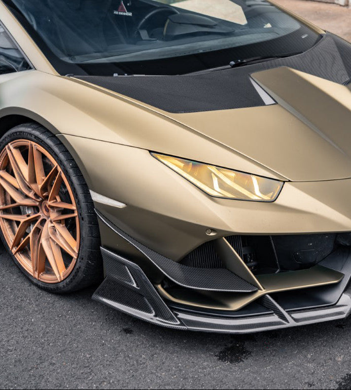 Lamborghini Huracan EVO AWD 2020 2021 2022 2023 with Aftermarket Parts - Front Canards Dry Pre-preg Carbon Fiber from ArmorExtend