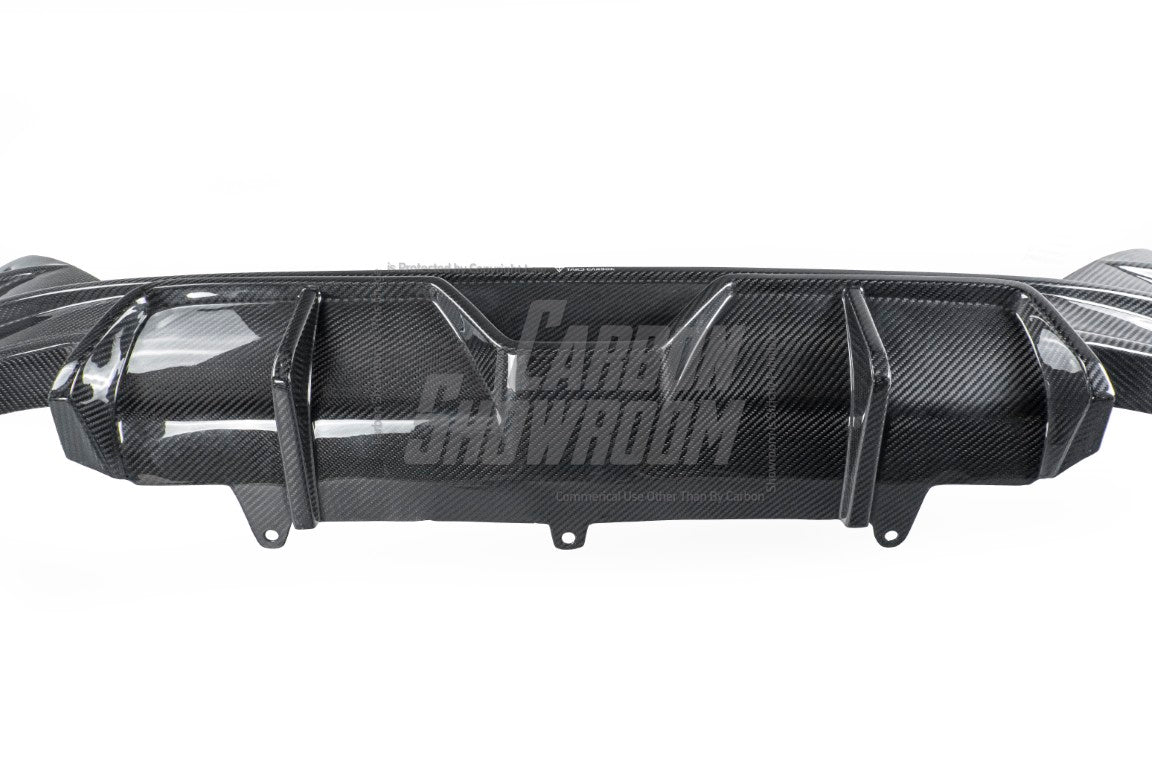 BMW 5 Series 530 540 (with M-package bumper, does not fit base model) G60 G61 2024-ON with Aftermarket Parts - V1 Style Rear Diffuser (Quad Exhaust Tips Included) Pre-preg Carbon Fiber from TAKD Carbon