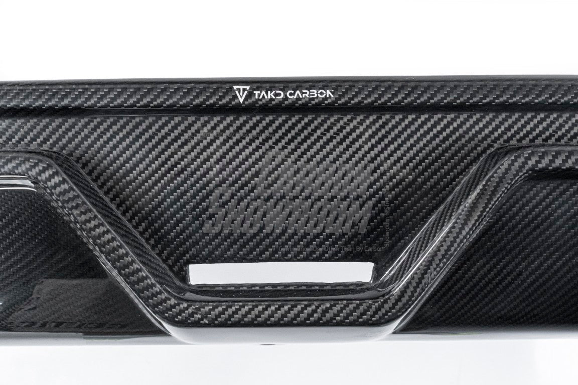 BMW 5 Series 530 540 (with M-package bumper, does not fit base model) G60 G61 2024-ON with Aftermarket Parts - V1 Style Rear Diffuser (Quad Exhaust Tips Included) Pre-preg Carbon Fiber from TAKD Carbon