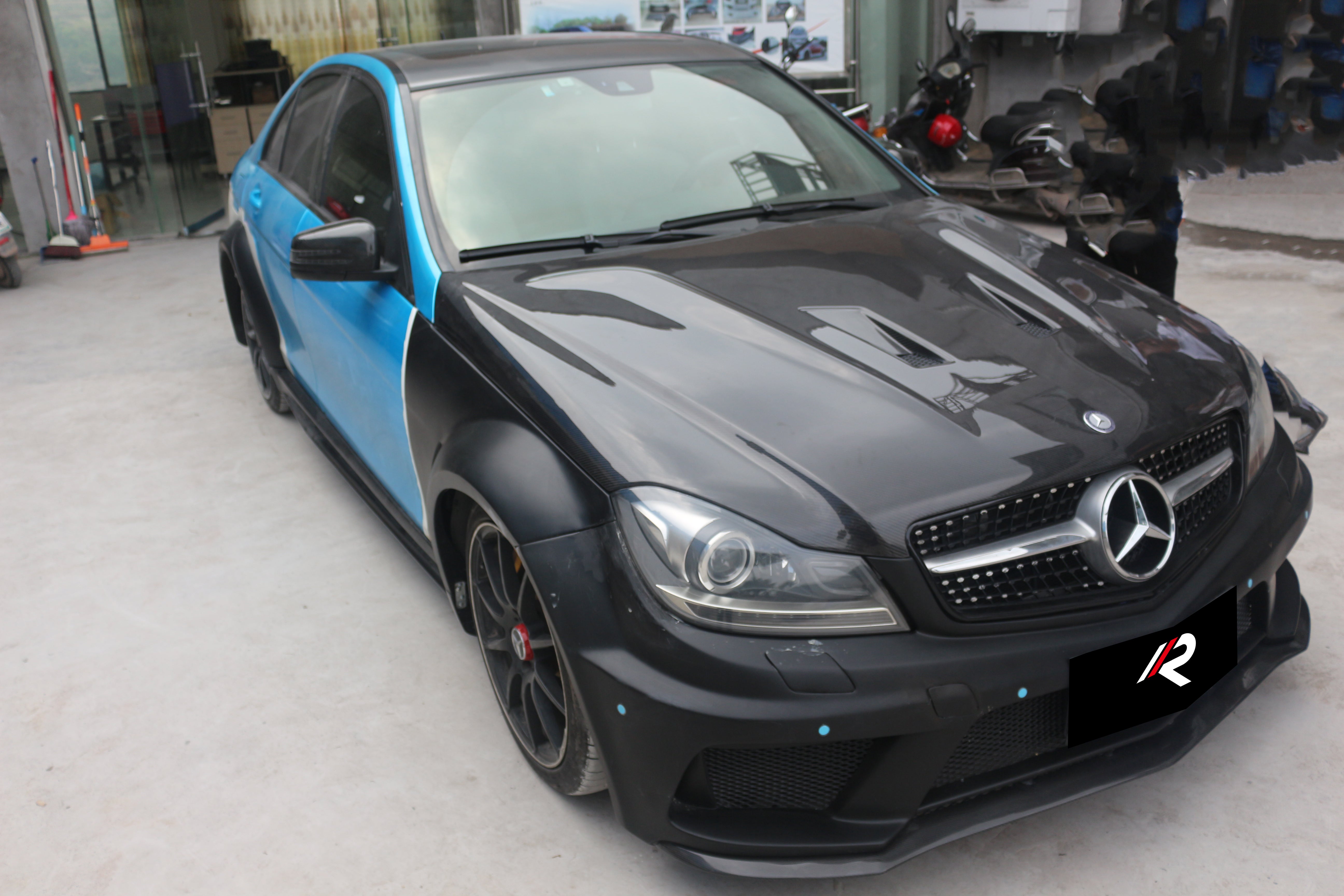 Mercedes Benz C-Class C300 C280 W204 2007 2008 2009 2010 2011 with Aftermarket Parts - Black Series Conversion Style Hood Carbon Fiber / FRP from Aero Republic