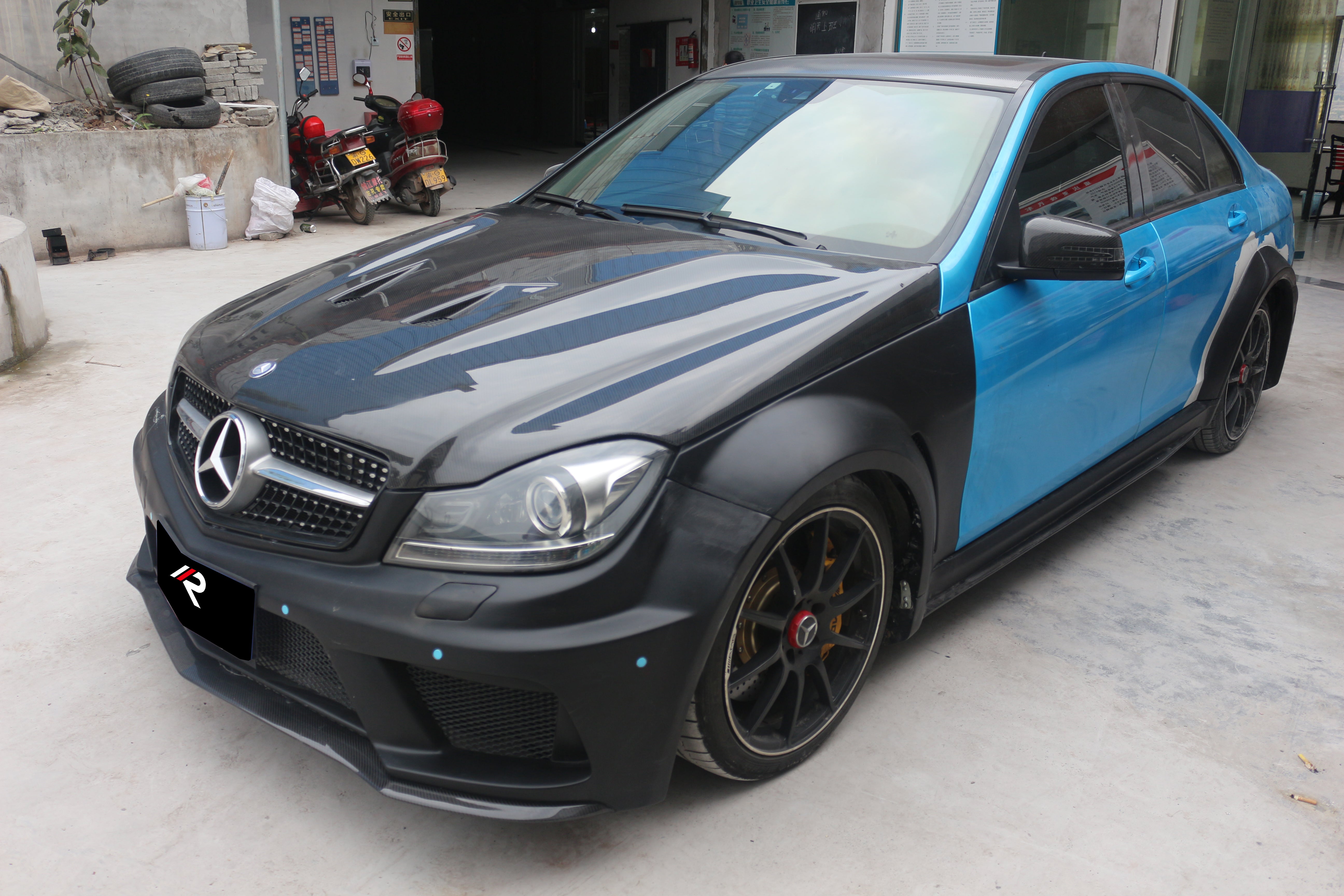 Mercedes Benz C-Class C250 Luxury Sport W204 2012 2013 2014 with Aftermarket Parts - Black Series Conversion Style Hood Carbon Fiber / FRP from Aero Republic