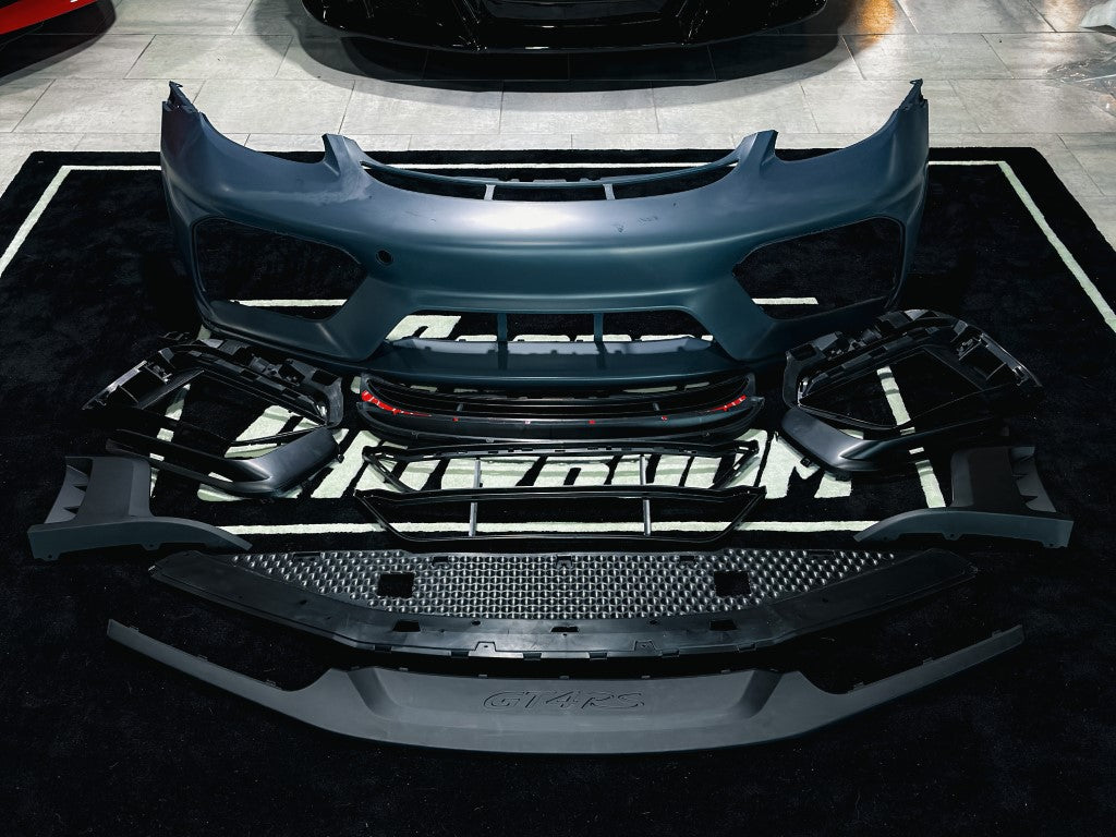 Porsche 718 982 Cayman & Boxster (Base / T / S / GTS / GT4 / Spyder) 2017 2018 2019 2020 2021 2022 2023 2024 2025 with Aftermarket Parts - GT4RS Conversion Style PP Front Bumper & Trims (with & without GT4RS Logo) PP Polypropylene / Dry Pre-preg Carbon Fiber from Dupont Tech