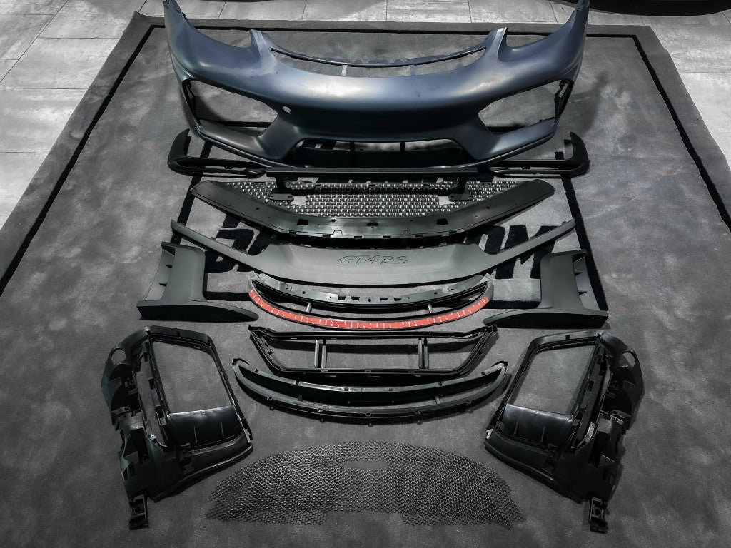 Porsche 718 982 Cayman & Boxster (Base / T / S / GTS / GT4 / Spyder) 2017 2018 2019 2020 2021 2022 2023 2024 2025 with Aftermarket Parts - GT4RS Conversion Style PP Front Bumper & Trims (with & without GT4RS Logo) PP Polypropylene / Dry Pre-preg Carbon Fiber from Dupont Tech