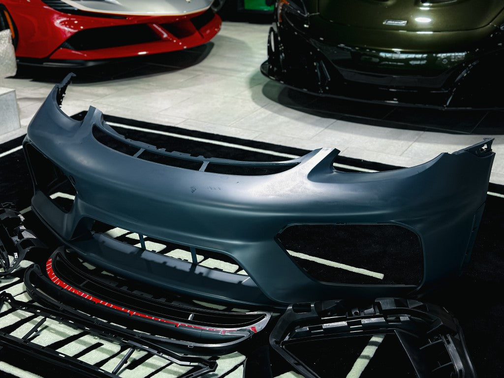 Porsche 718 982 Cayman & Boxster (Base / T / S / GTS / GT4 / Spyder) 2017 2018 2019 2020 2021 2022 2023 2024 2025 with Aftermarket Parts - GT4RS Conversion Style PP Front Bumper & Trims (with & without GT4RS Logo) PP Polypropylene / Dry Pre-preg Carbon Fiber from Dupont Tech