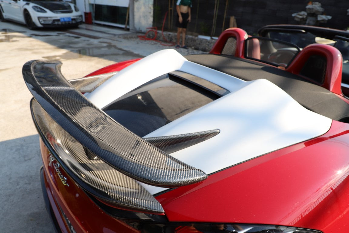 Porsche 981 Boxster (Base / S / GTS) 2012 2013 2014 2015 2016 with Aftermarket Parts - Tonneau Cover and Rear Wing Carbon Fiber from Aero Republic