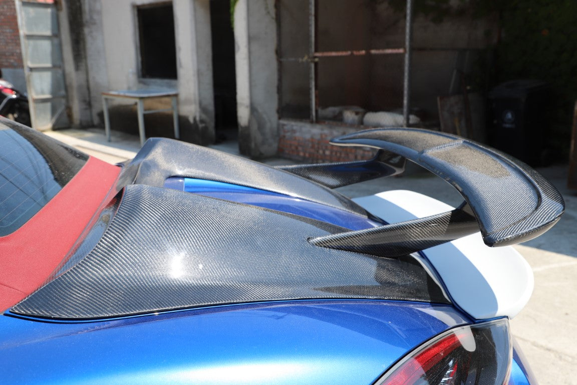 Porsche 981 Boxster (Base / S / GTS) 2012 2013 2014 2015 2016 with Aftermarket Parts - Tonneau Cover and Rear Wing Carbon Fiber from Aero Republic