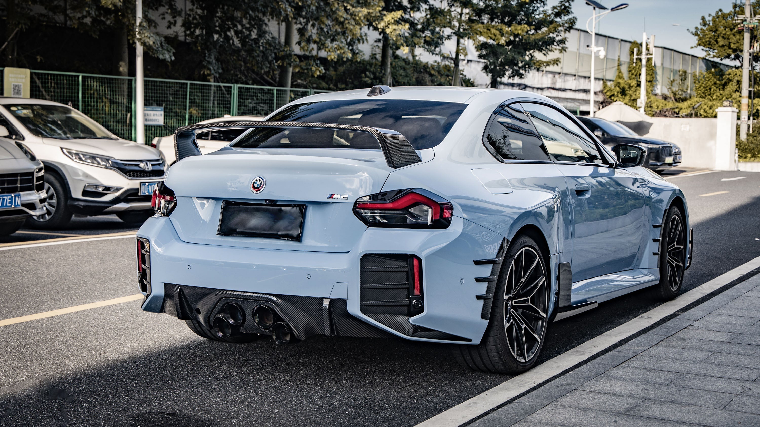 BMW M2 M2C G87 2023 2024 with Aftermarket Parts - MP Style / Center Quad Exit Rear Bumper Center Diffuser Plate Pre-preg Carbon Fiber from Aero Republic