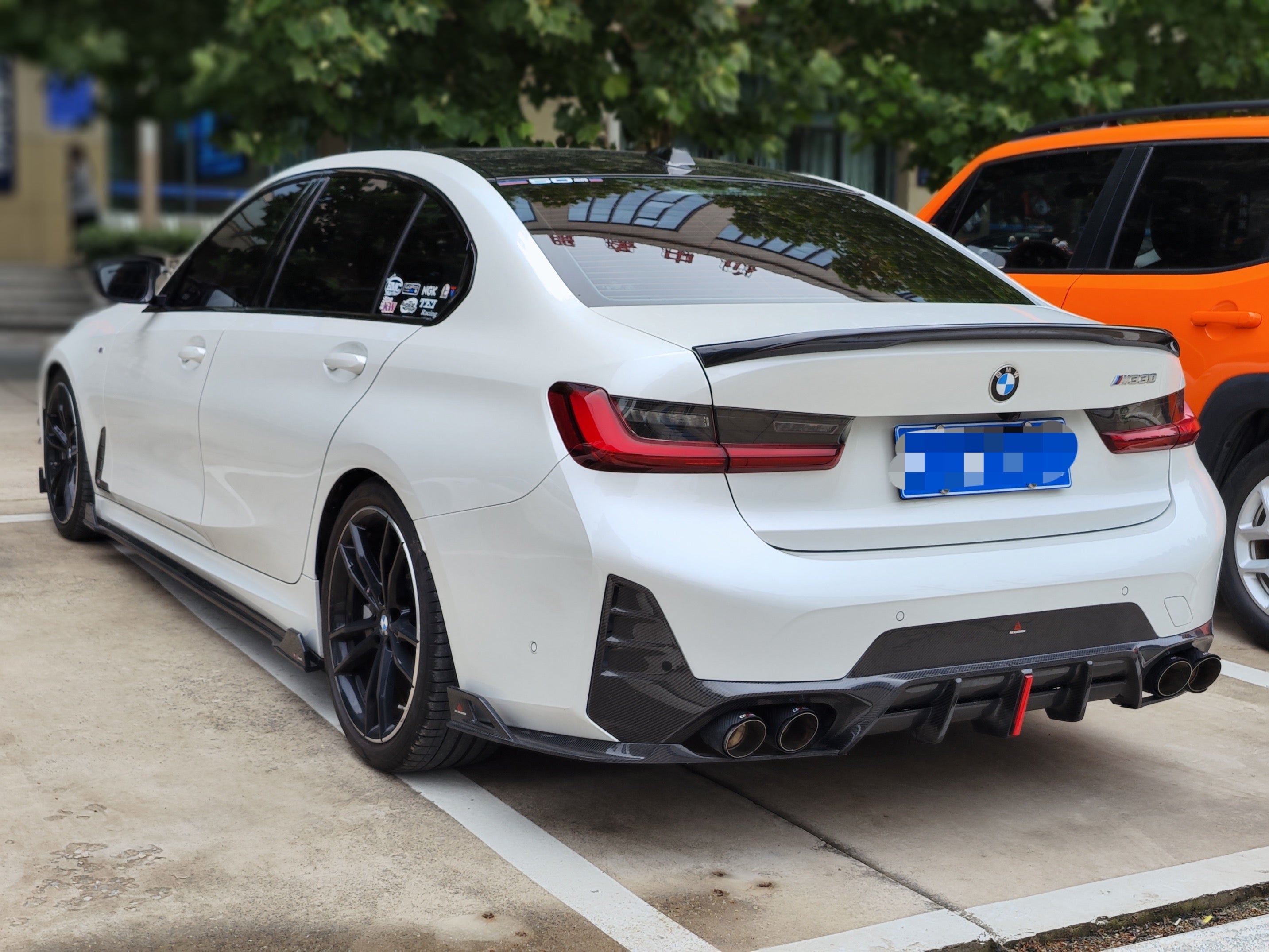 BMW 3 Series 330i (With M-Package Bumper, does not fit base model) M340i LCI G20 G21 2023 2024 2025 with Aftermarket Parts - AE V2 Style Rear Diffuser & Canards Carbon Fiber from?ArmorExtend