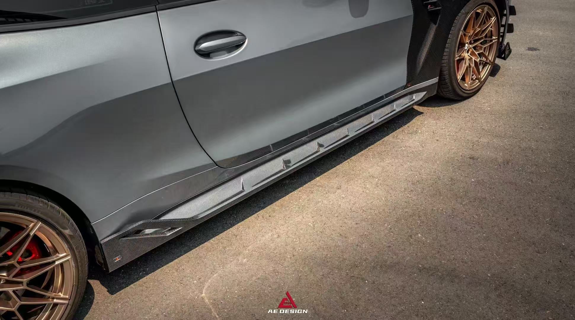 BMW M3 G80 G81 2021 2022 2023 2024 & M4 G82 G83 2021 2022 2023 2024 with Aftermarket Parts - AE Style Side Skirts Carbon Fiber from ArmorExtend